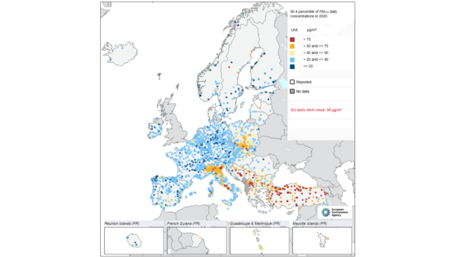 Carte du  percentile 90.4 en PM10 en 2020 sur l'Europe